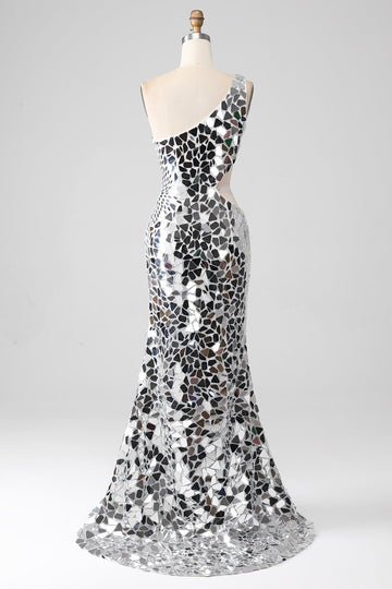 Silver Mirror paljetter En Shoulder Prom kjole med Hollow-out